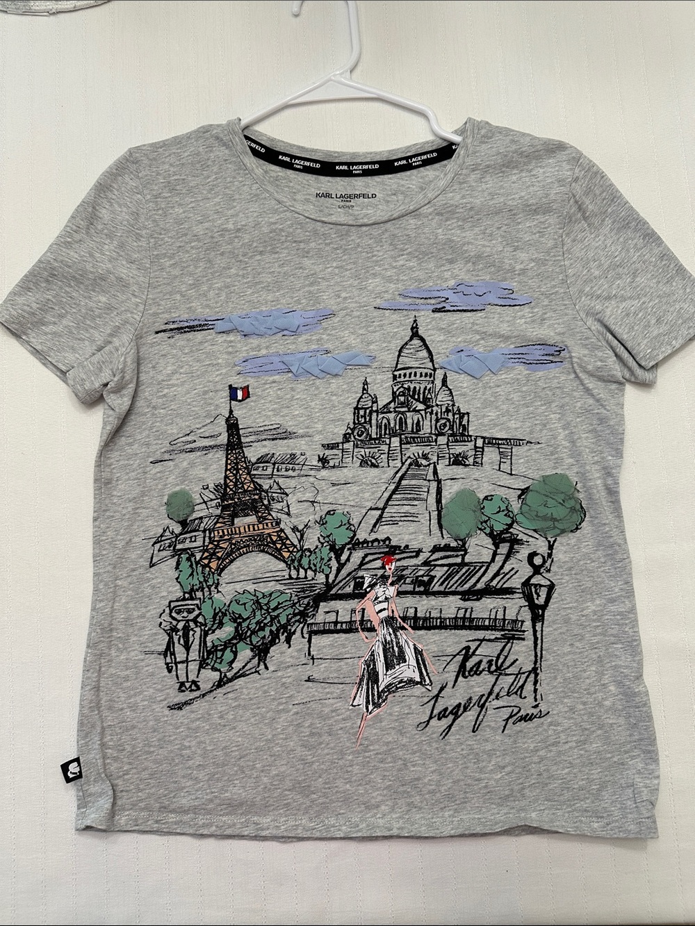 Karl Lagerfeld Gray Paris Illustration Tee with Green & Blue Accents